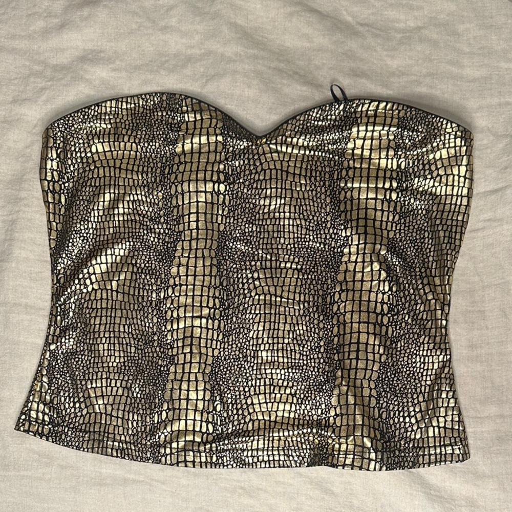 Gold and Black Croc-Patterned Strapless Top
